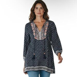 Lucky Brand Women's Peasant Top S Navy Blue Boho Print Split Neck 3/4 Sleeve
